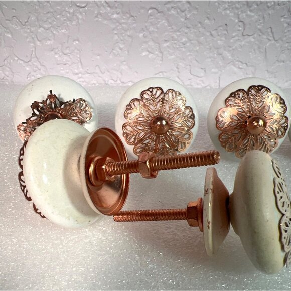 Decorative Ceramic & Metal Drawer Knobs Cabinet Pulls Set Of 6 White & Rose Gold - Picture 3 of 9